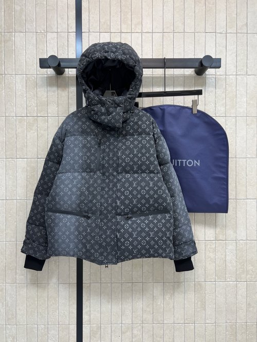 Louis Vuitton Hooded High-collared Down Jacket with Gradient Denim Pattern and Multiple Details