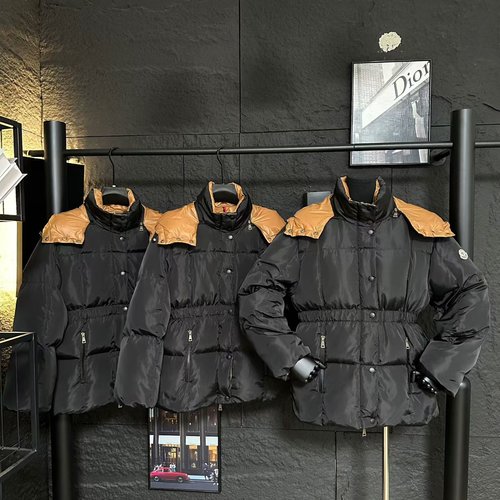 Moncler Star - Style Black - Gold Down Jacket with Waist - Cinching Design