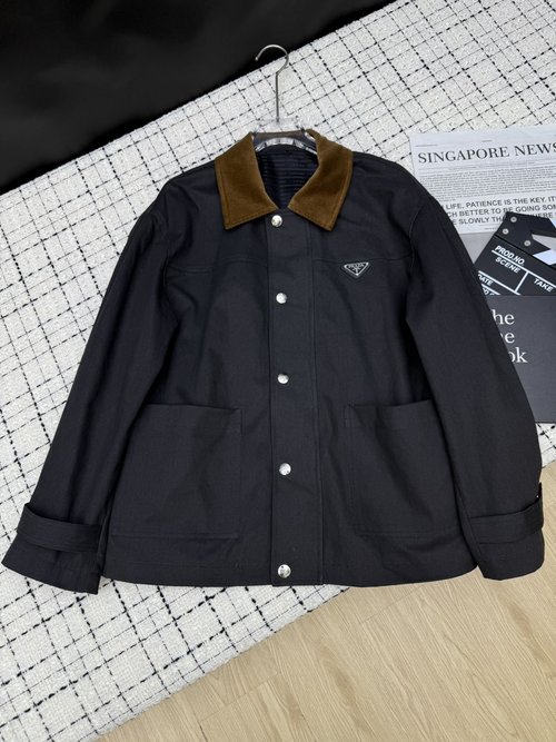 Prada Classic Triangle Logo Collar Patchwork Corduroy Blazer, Loose Fit with Understated Charm