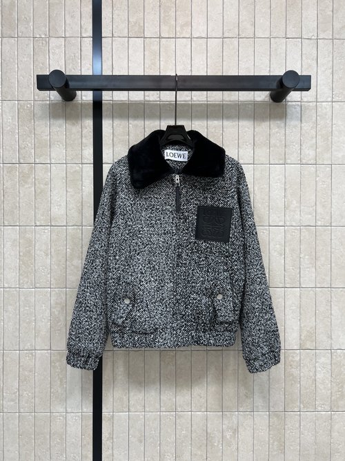 Loewe Black and White Tweed Jacket with Fleece Collar and Leather Logo Accent