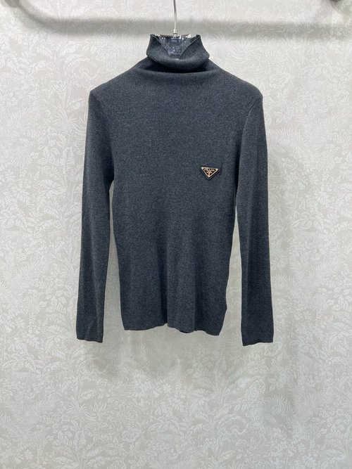 Prada Wool Turtleneck Top with Metal Logo, Elegant and Slim-Fitting
