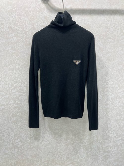 Prada Wool Turtleneck Top with Metal Logo, Elegant and Slim-Fitting