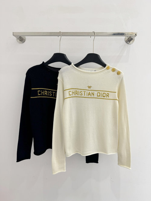 Dior Stylish Round - Neck Sweater with Shoulder Buttons and Gold Jacquard