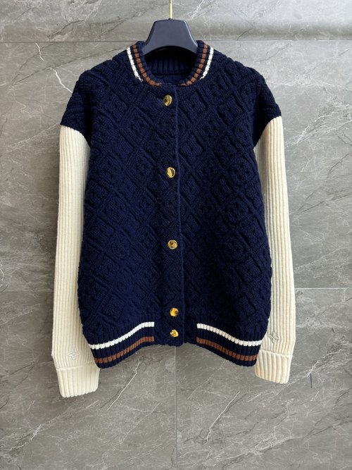 Louis Vuitton Ski Series Stand-collar Baseball Knit Coat with Collage Floral Pattern