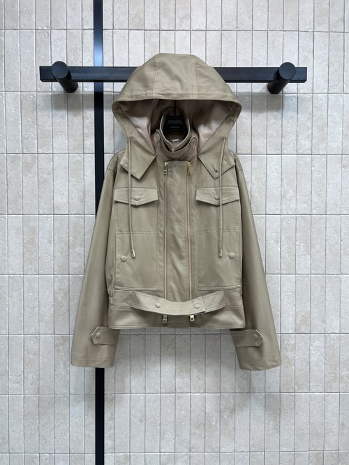 Dior Khaki Hooded Work Jacket with Metal Zipper, Multi-Pocket Design and Adjustable Waist