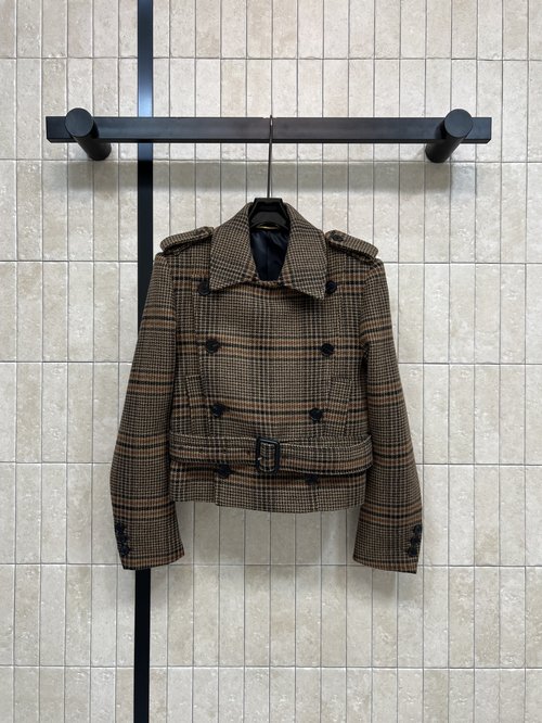 Prada Checkered Short Trench Coat with Double-breasted Design and Belt