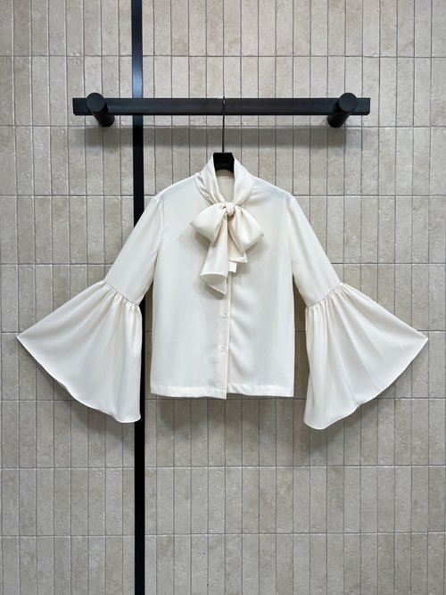 Louis Vuitton Stand-up Collar Tie-up Flare-sleeve Shirt with Logo Buttons