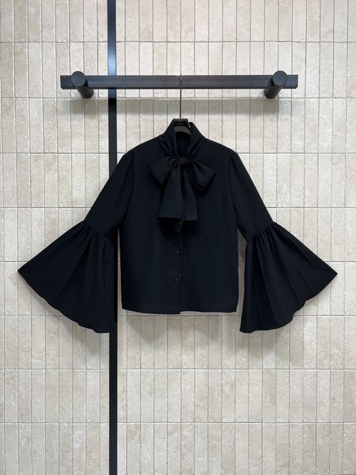 Louis Vuitton Stand-up Collar Tie-up Flare-sleeve Shirt with Logo Buttons