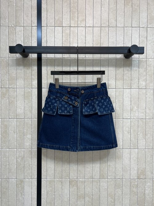 Louis Vuitton High-waisted A-line Denim Skirt with Monogram Pockets and Logo Buttons