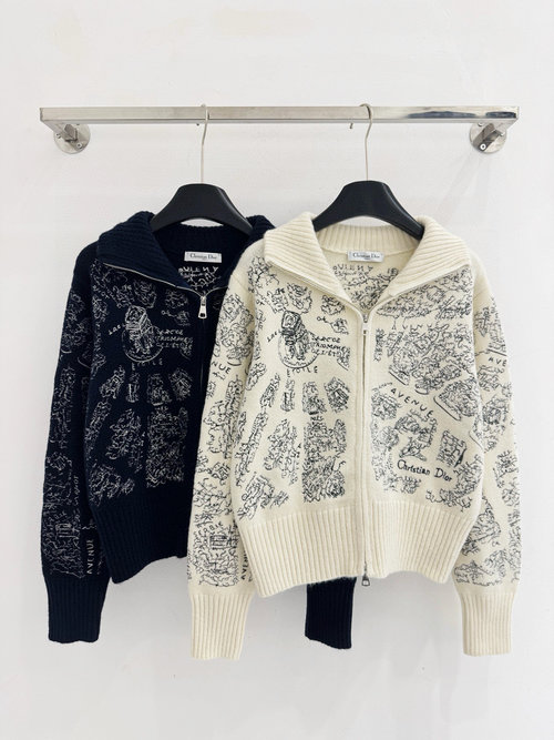 Dior Heavy - Duty Map - embroidered Collared Knitted Cardigan