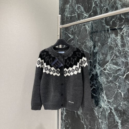 Prada Fair Isle Knit Cardigan with Geometric Jacquard and Embroidered Brand Mark