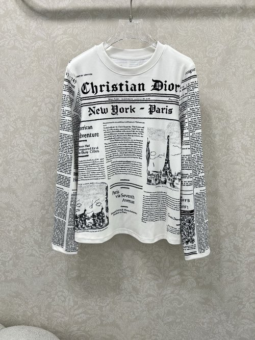 Dior Newspaper Print Long-Sleeve Base Top in Elastic Fabric