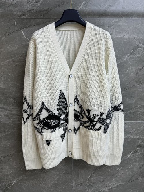 Louis Vuitton Ski Series V-Neck Button Sweater with Logo Embroidery, Wool Knit