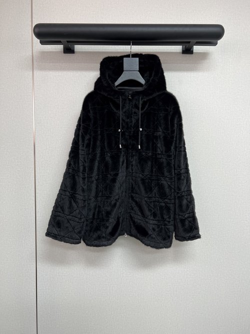 Dior Black Faux Fur Hooded Sweatshirt with Classic Diamond Quilting
