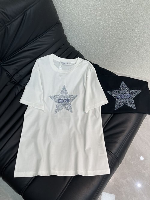Dior Exquisite Beaded and Embroidered Short-Sleeve T-Shirt with Signature Letter Pattern