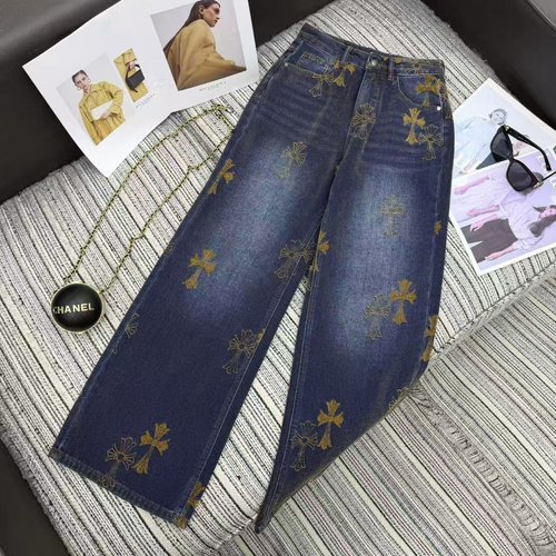Chrome Hearts Embroidered Cross Denim Straight-Leg Pants with Fleece