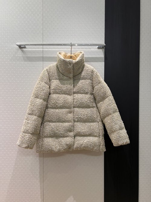 Moncler High-Neck Tweed Loose Down Jacket with White Sleeve Logo Patch