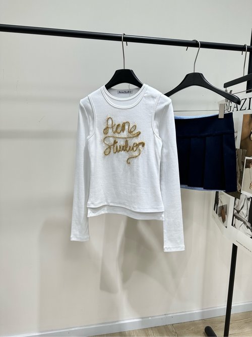Dior White Cotton-Spandex Twill Faux Two-piece Long-sleeve T-shirt with Metal Embroidery Logo