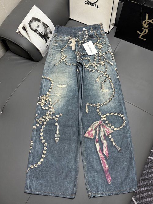Dior 3D Printed Crystal Optical Chain Wide - Leg Jeans