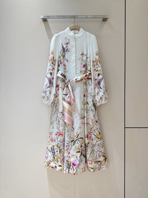 Zimmermann Cream Floral Linen Mid-Length Dress with Silk Belt