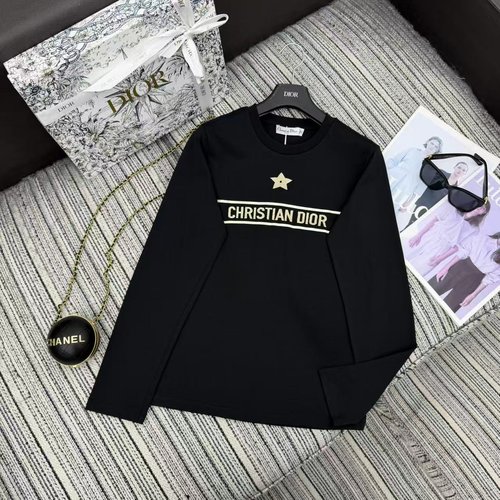 Dior Recommended Embroidered Letter and Star Round Neck Long Sleeve T - shirt