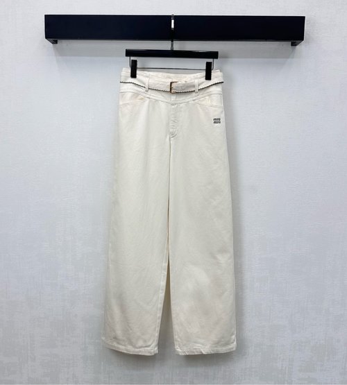 Miu Miu Custom Tencel Twill Cotton High-waist Straight Trousers with Logo