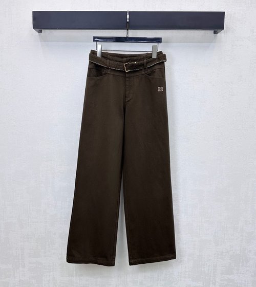 Miu Miu Custom Tencel Twill Cotton High-waist Straight Trousers with Logo