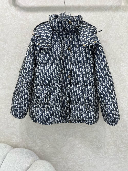 Dior D Letter Jacquard Hooded Down Jacket with Detachable Hood