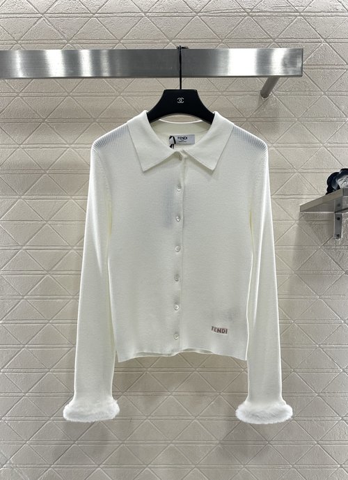 Dior Custom Wool Knit Cardigan with Fur Cuffs and Logo Detail