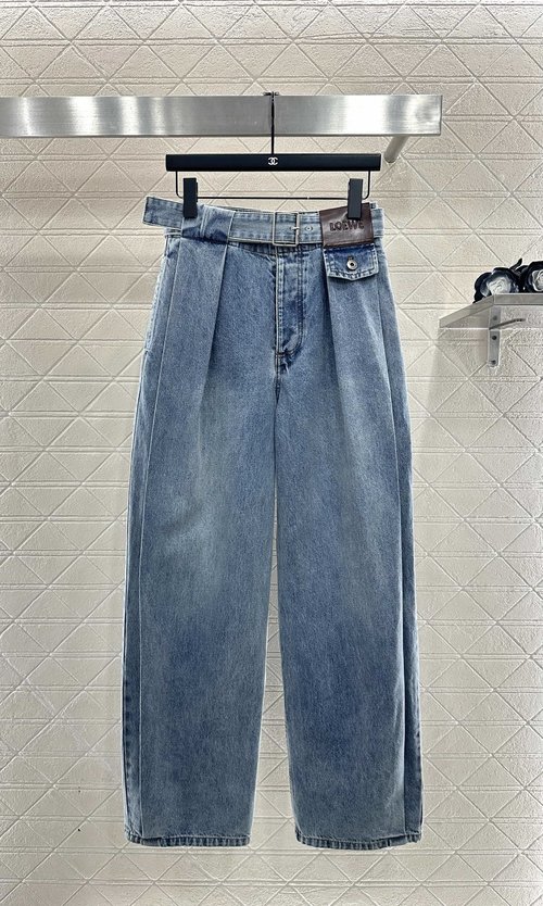 Loewe Custom Denim Belted Carrot-leg Wide-leg Trousers with Logo