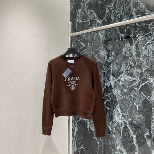 Prada Jacquard Letter Sweater with Logo, Vintage Camel Color