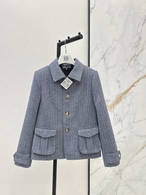 Loewe Misty Blue Herringbone Wool Blazer, Double Pockets, Tailored Fit