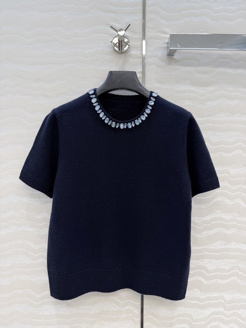 Prada Luxury Cashmere Short-sleeved Sweater with Crystal Collar