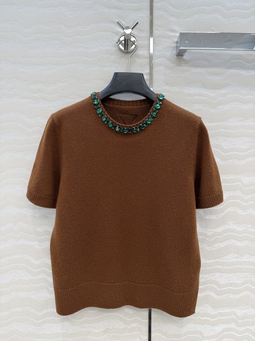 Prada Luxury Cashmere Short-sleeved Sweater with Crystal Collar