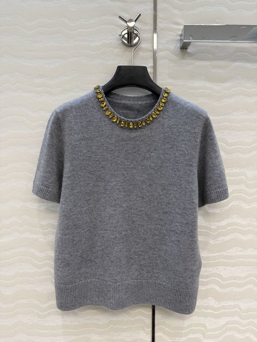 Prada Luxury Cashmere Short-sleeved Sweater with Crystal Collar