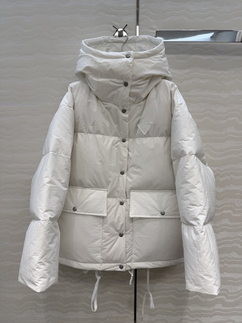 Prada White Down Jacket with Adjustable Drawstring Waist and Premium Original Accessories