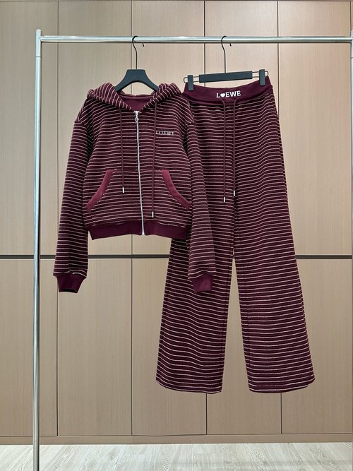 Loewe Hooded Zipper Striped Outfit with Relaxed Pants, Minimalist Elegance
