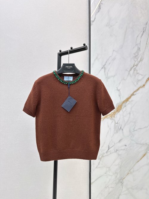 Prada Elegant Cashmere Short-Sleeve Sweater with Crystal Collar