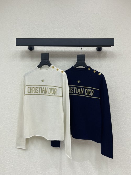 Dior Contrast Collar Knit Sweater with Gold Logo and Shoulder Buttons
