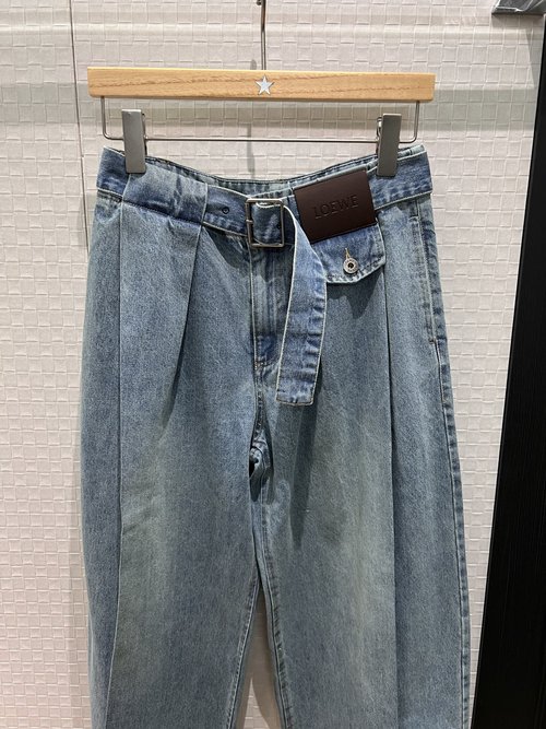 Loewe Belted Logo Patch Wrapped Balloon Jeans in Washed Denim Blue