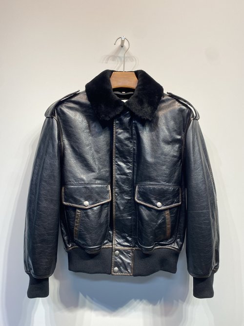 Yves Saint Laurent Imported Leather Flight Jacket with Rubbed-in Color and Furry Collar