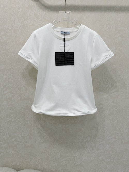 Prada Retro Sweetheart Style Short-Sleeved T-Shirt with Logo and Elastic Cuffs