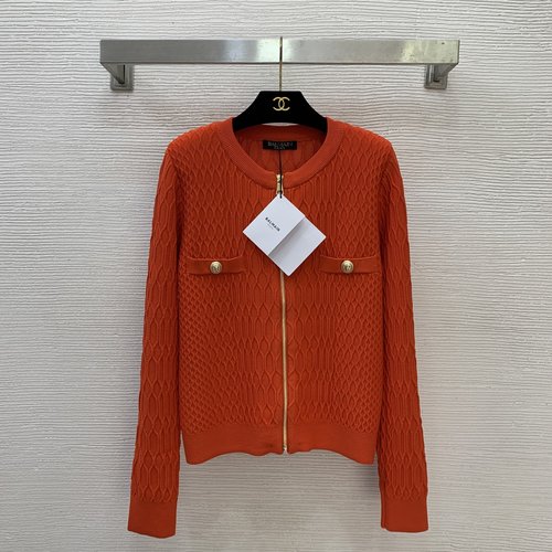 Balmain Classic Lion - head Gold Button Knit Open - front Short Top in Orange, Black and White