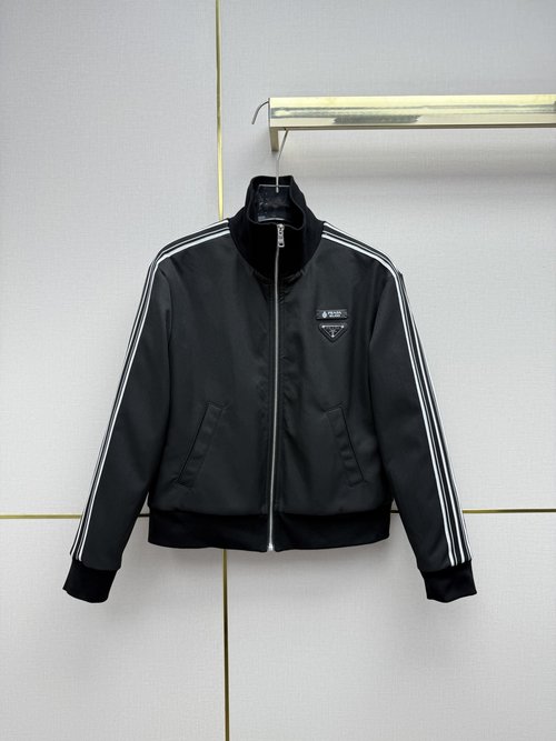 Prada Short Jacket with Small Leather and Triangle Labels, Threaded Hem