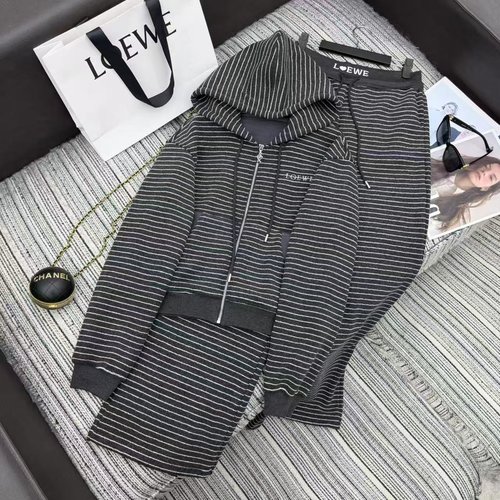 Loewe Striped Hooded Casual Outfit with Embroidery Letter Logo