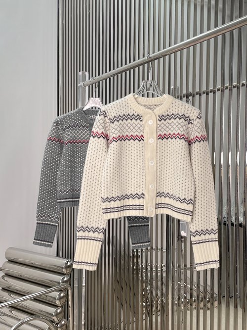 Thom Browne Fair Isle Wool Cardigan in White and Grey