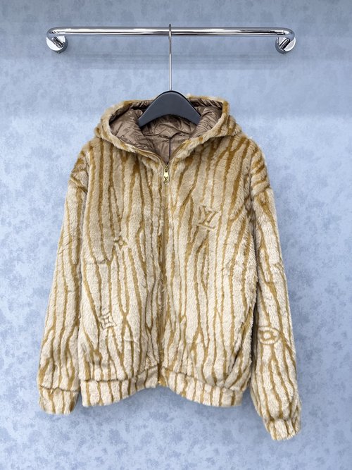 Louis Vuitton Minimalist Faux Fur Hooded Coat with a Timeless and Luxurious Design