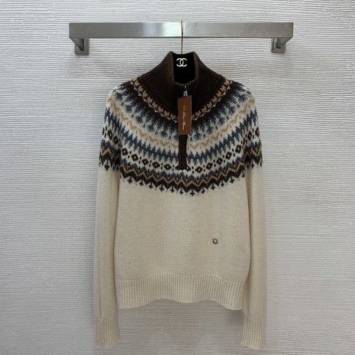 Loro Piana Festive Fair Isle Pattern Knit Zip-up Sweater with Logo Hardware