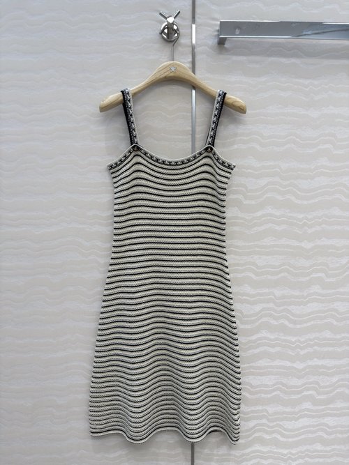 Dior Navy Striped Sling Dress with Ship Anchor Button Decoration