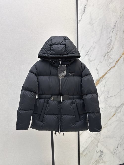 Prada Stylish Belted Hooded Down Jacket Perfect for Trendy Layered Looks